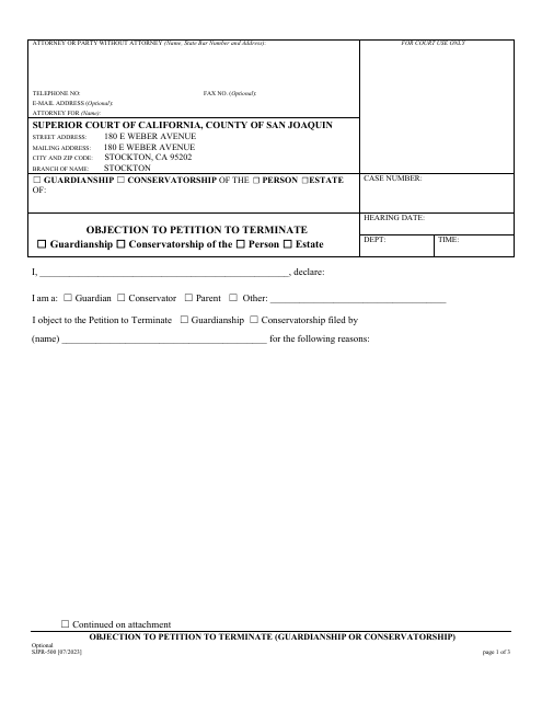 Form SJPR-500 Objection to Petition to Terminate (Guardianship or Conservatorship) - County of San Joaquin, California