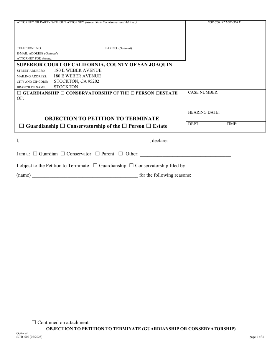Form SJPR-500 Objection to Petition to Terminate (Guardianship or Conservatorship) - County of San Joaquin, California, Page 1