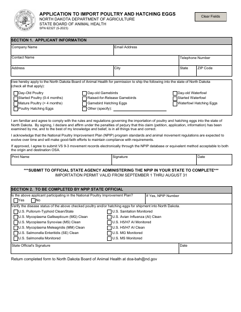Form SFN62327 Application to Import Poultry and Hatching Eggs - North Dakota