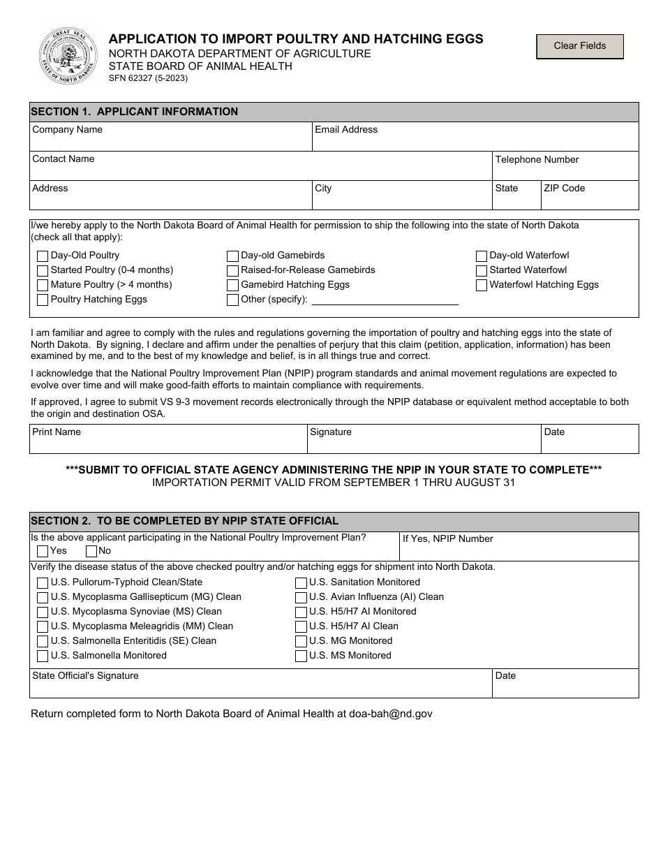 Form SFN62327 Application to Import Poultry and Hatching Eggs - North Dakota, Page 1