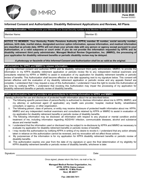 Form 8525 Informed Consent and Authorization: Disability Retirement Applications and Reviews, All Plans - Kentucky