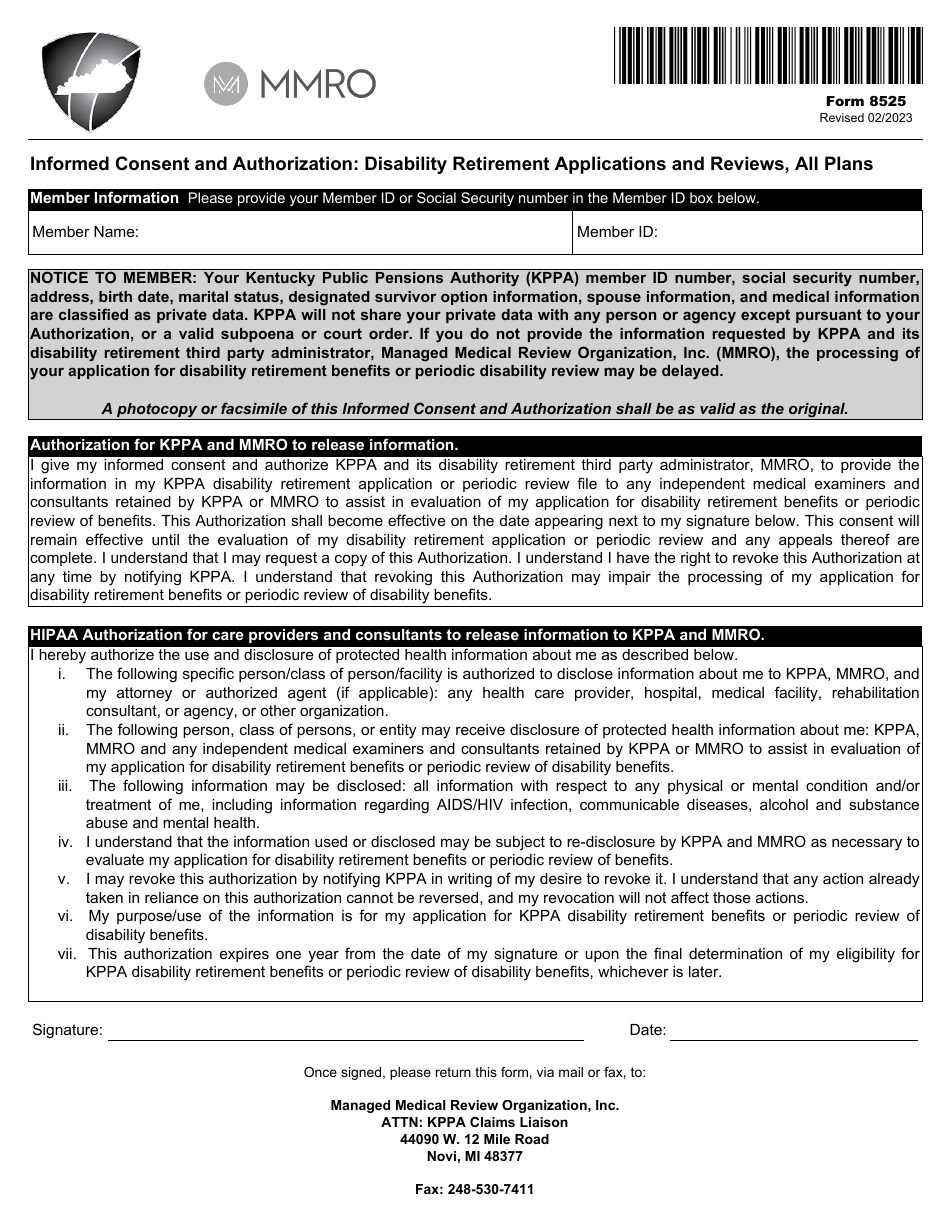 Form 8525 Informed Consent and Authorization: Disability Retirement Applications and Reviews, All Plans - Kentucky, Page 1