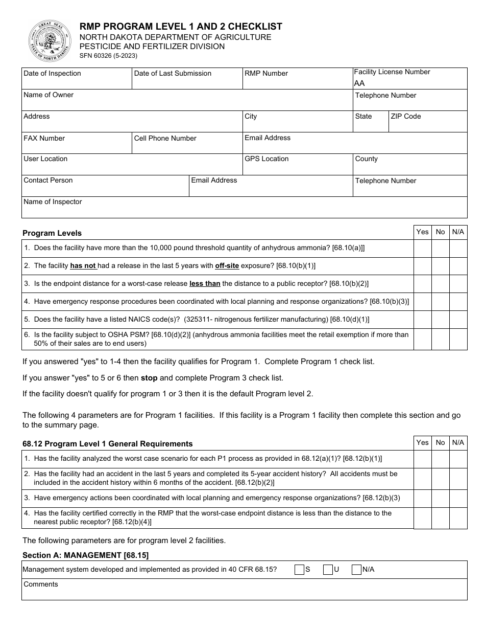 Form SFN60326 RMP Program Level 1 and 2 Checklist - North Dakota, Page 1