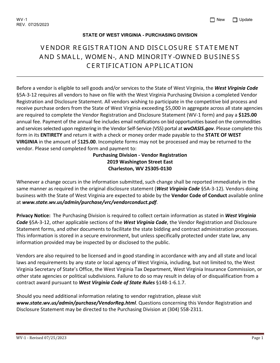 Form WV-1 Vendor Registration and Disclosure Statement and Small, Women-, and Minority-Owned Business Certification Application - West Virginia, Page 1