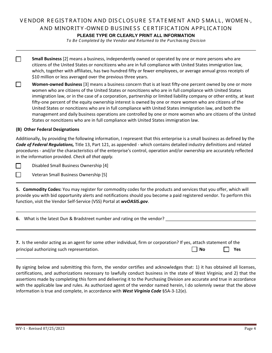 Form WV-1 Vendor Registration and Disclosure Statement and Small, Women-, and Minority-Owned Business Certification Application - West Virginia, Page 4