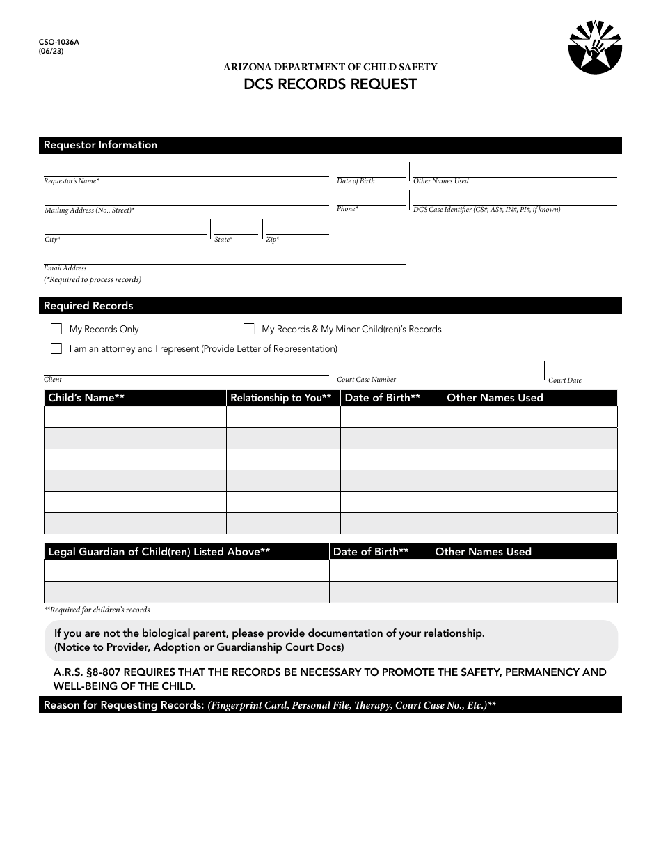 Form CSO-1036A Dcs Records Request - Arizona, Page 1