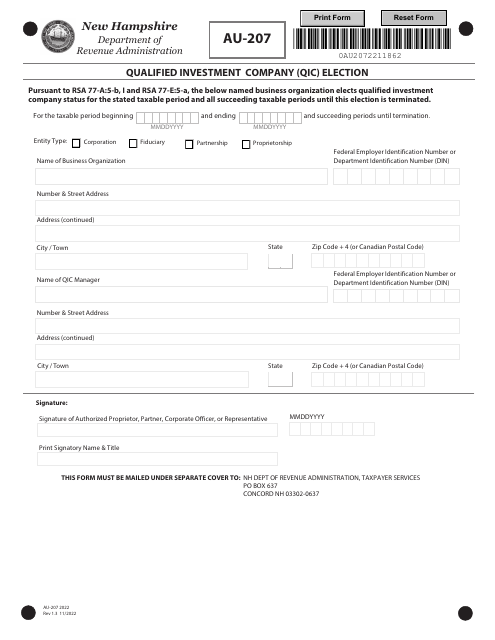 Form AU-207 Qualified Investment Company (Qic) Election - New Hampshire