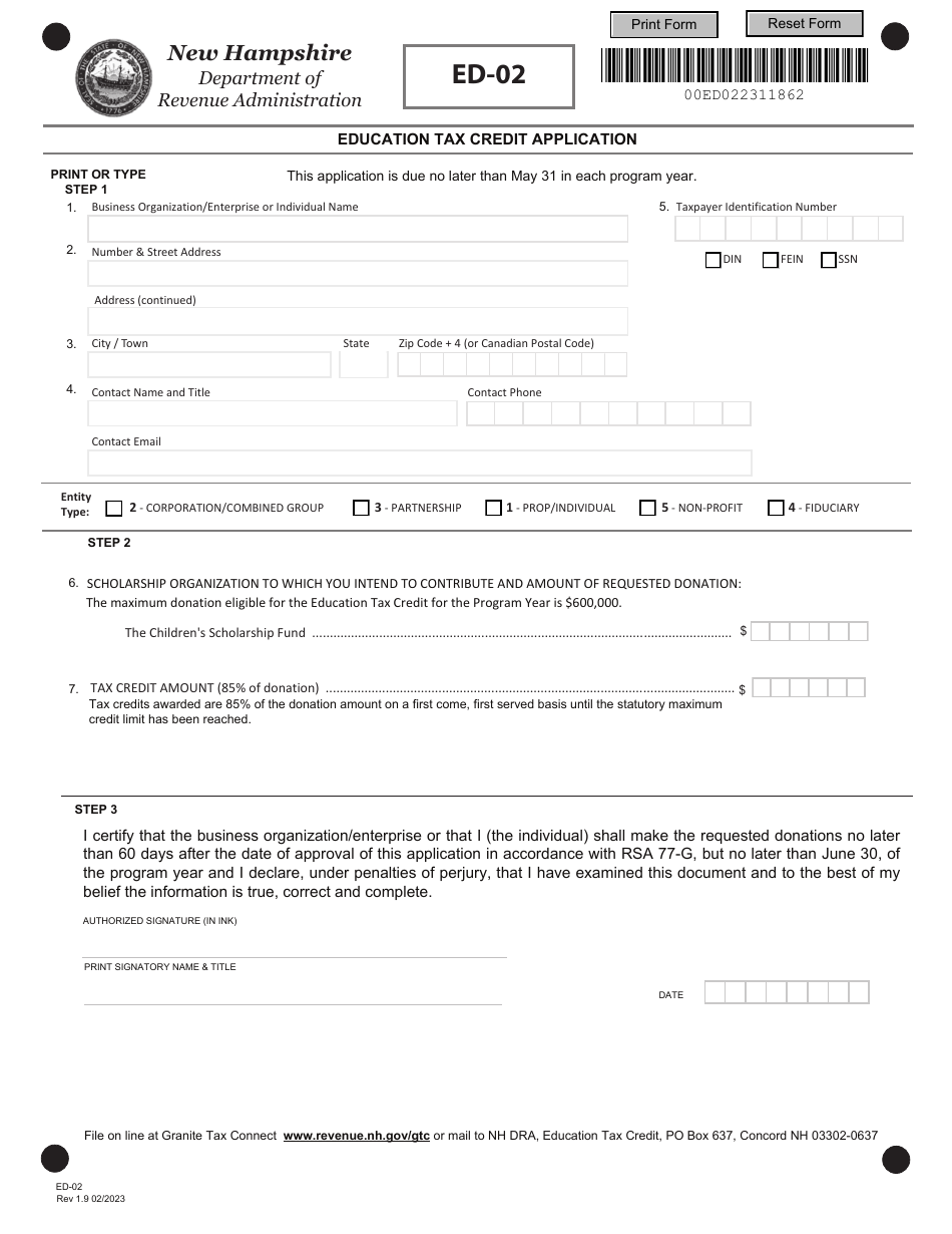 Form ED-02 Education Tax Credit Application - New Hampshire, Page 1