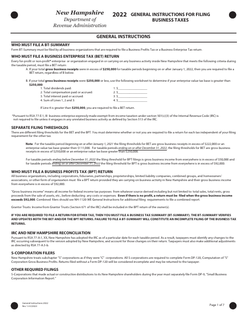 Instructions for Form BET Business Enterprise Tax Return - New Hampshire, 2022
