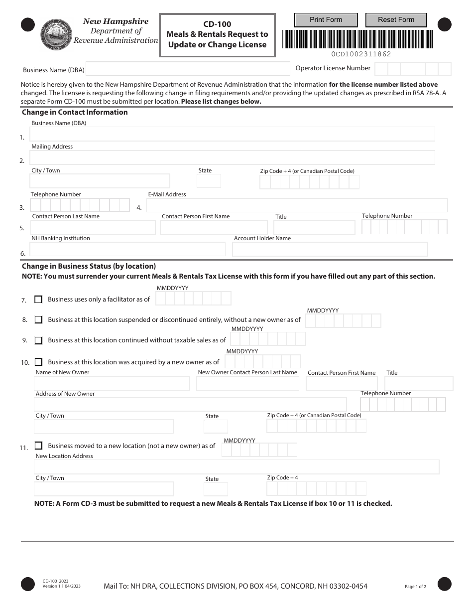 Form CD-100 Meals  Rentals Request to Update or Change License - New Hampshire, Page 1