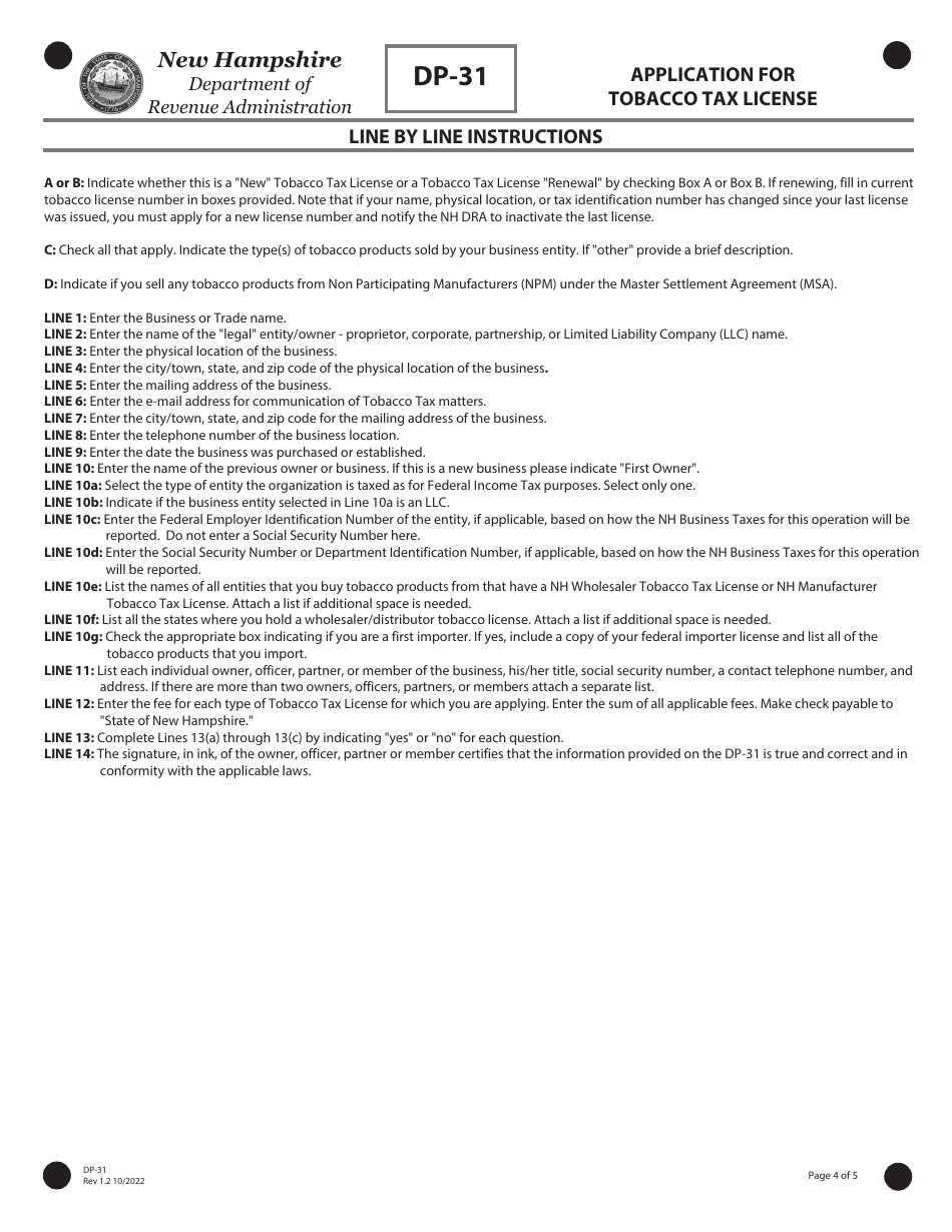 Form DP-31 Application for Tobacco Tax License - New Hampshire, Page 4