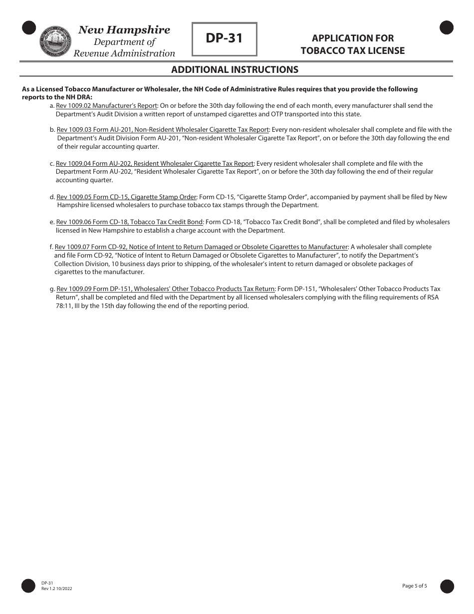 Form DP-31 Application for Tobacco Tax License - New Hampshire, Page 5