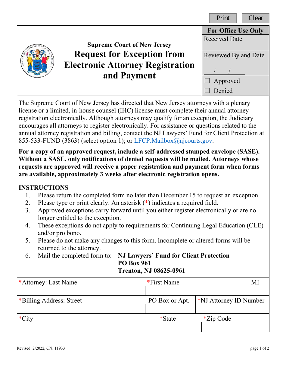Form 11933 Request for Exception From Electronic Attorney Registration and Payment - New Jersey, Page 1
