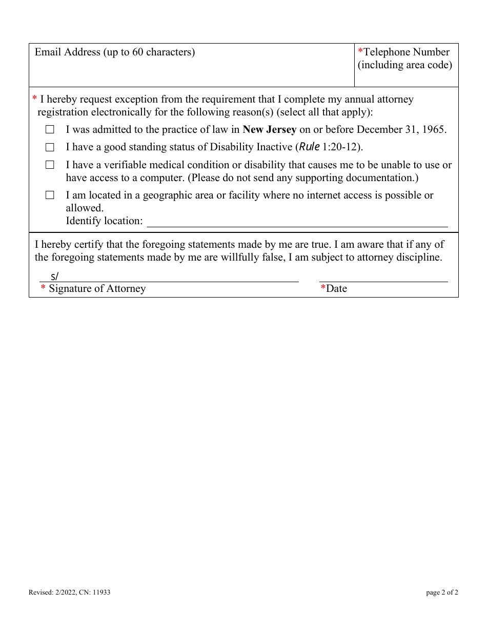 Form 11933 Request for Exception From Electronic Attorney Registration and Payment - New Jersey, Page 2