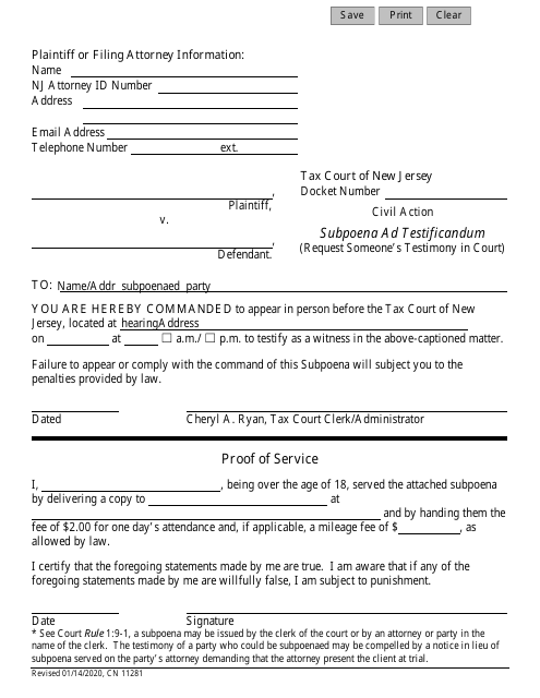 Form 11281 Subpoena Ad Testificandum - New Jersey