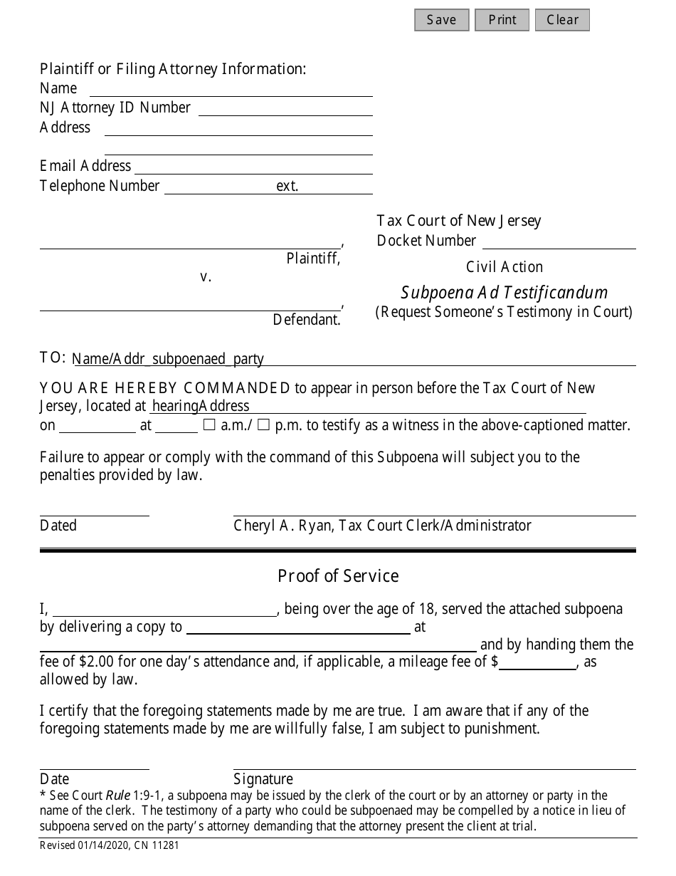 Form 11281 Subpoena Ad Testificandum - New Jersey, Page 1