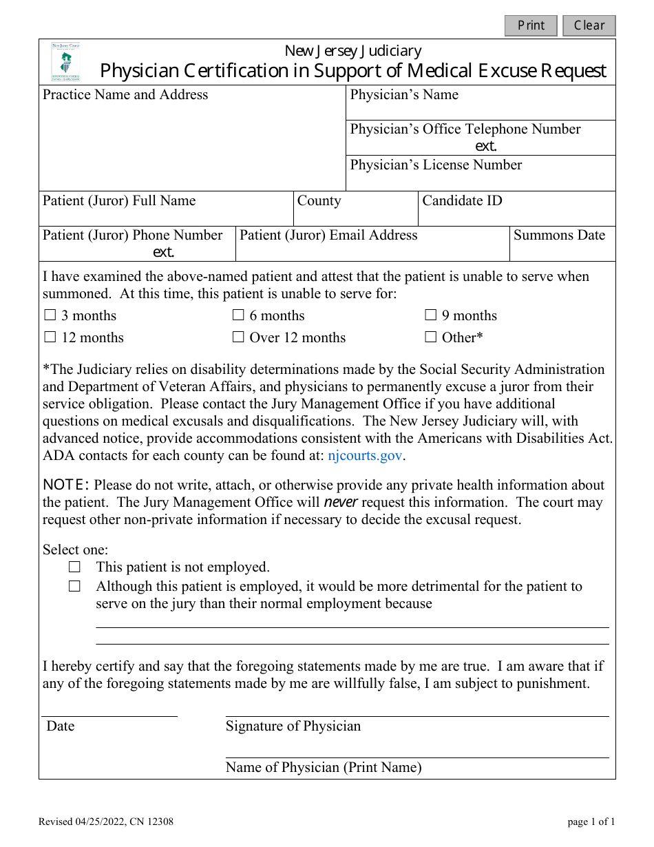 Form 12308 Physician Certification in Support of Medical Excuse Request - New Jersey, Page 1