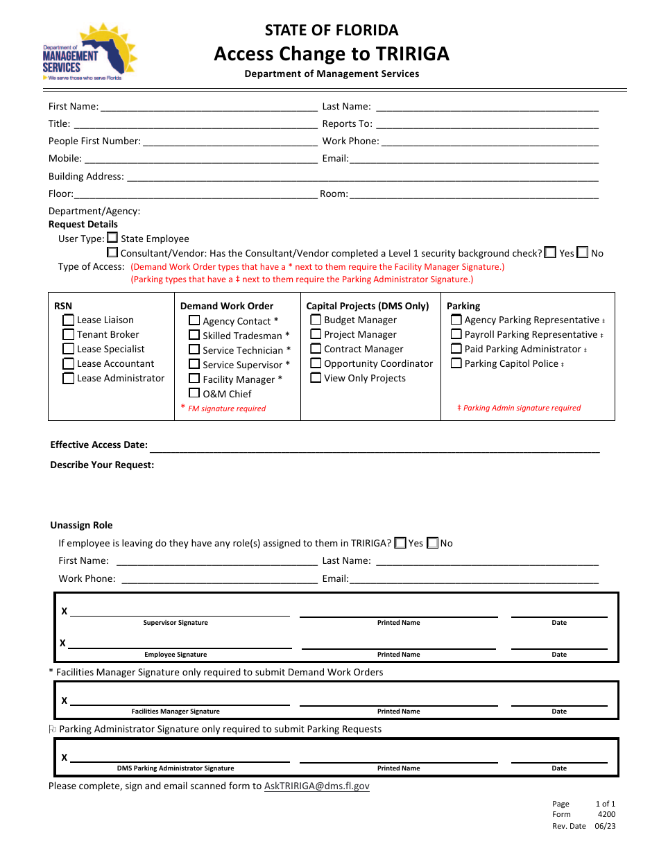 Form 4200 Access Change to Tririga - Florida, Page 1