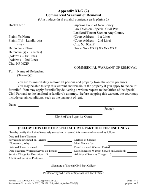 Form 12817 Appendix XI-G (2) Commercial Warrant of Removal - New Jersey (English/Spanish)