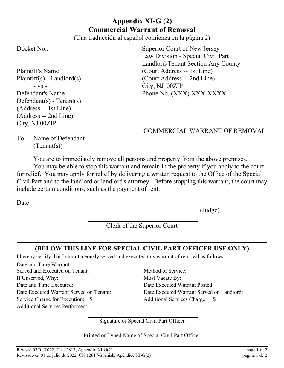 Form 12817 Appendix XI-G (2) Commercial Warrant of Removal - New Jersey (English / Spanish), Page 1