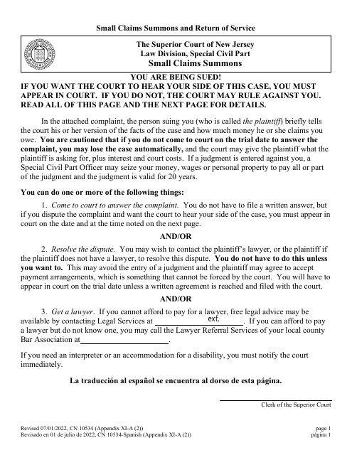 Form 10534 Appendix XI-A (2) Small Claims Summons and Return of Service - New Jersey (English/Spanish)