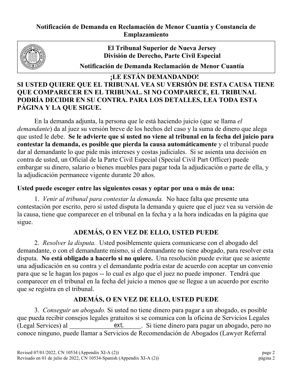Form 10534 Appendix XI-A (2) Small Claims Summons and Return of Service - New Jersey (English / Spanish), Page 2