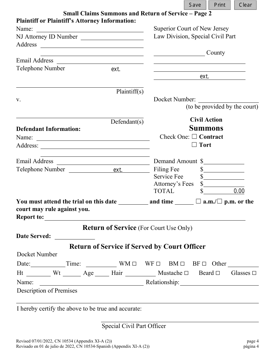 Form 10534 Appendix XI-A (2) Small Claims Summons and Return of Service - New Jersey (English / Spanish), Page 4