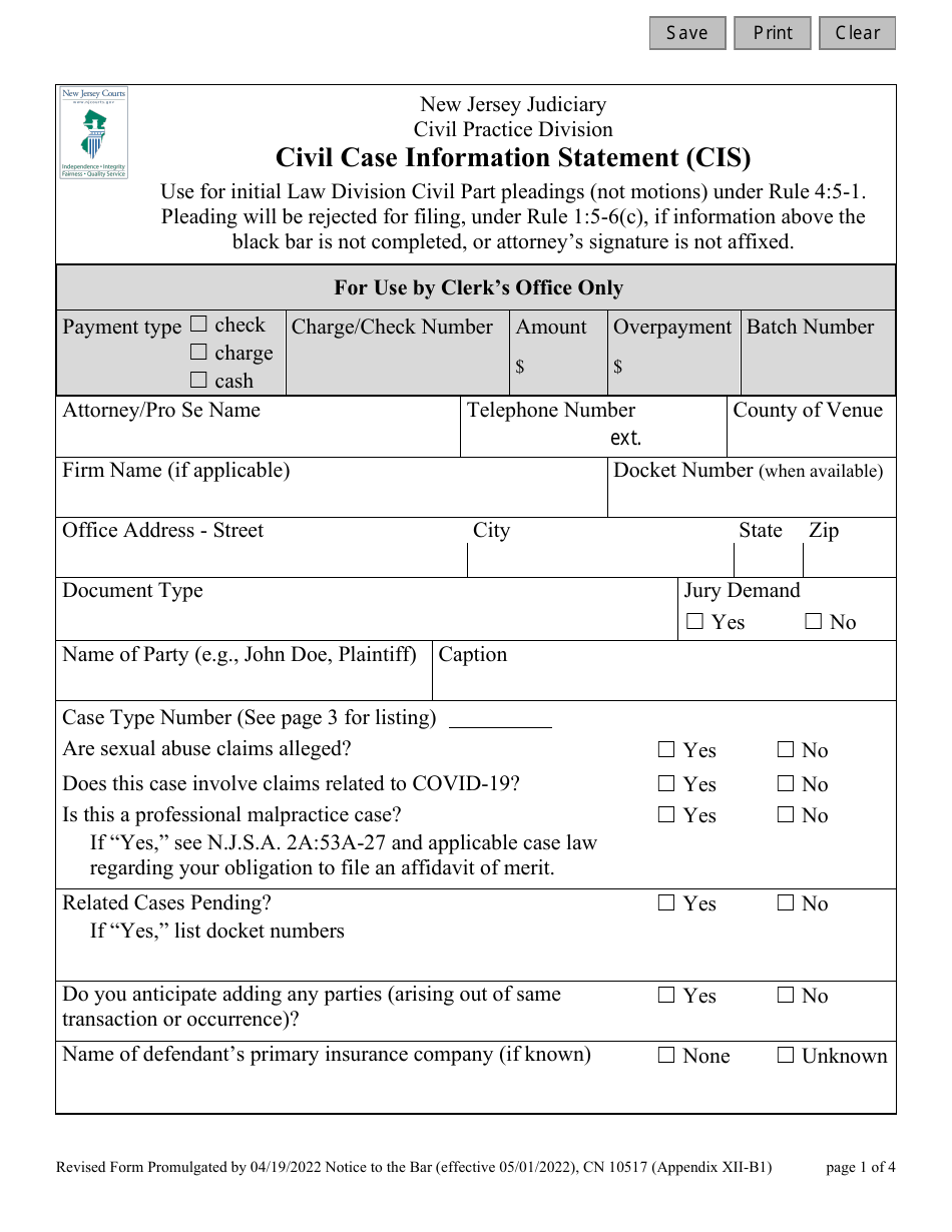 Form CN10517 Appendix XII-B1 Civil Case Information Statement (Cis) - New Jersey, Page 1
