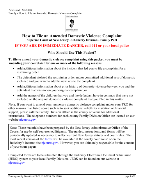 Form 12600 Application to Amend Domestic Violence Complaint - New Jersey