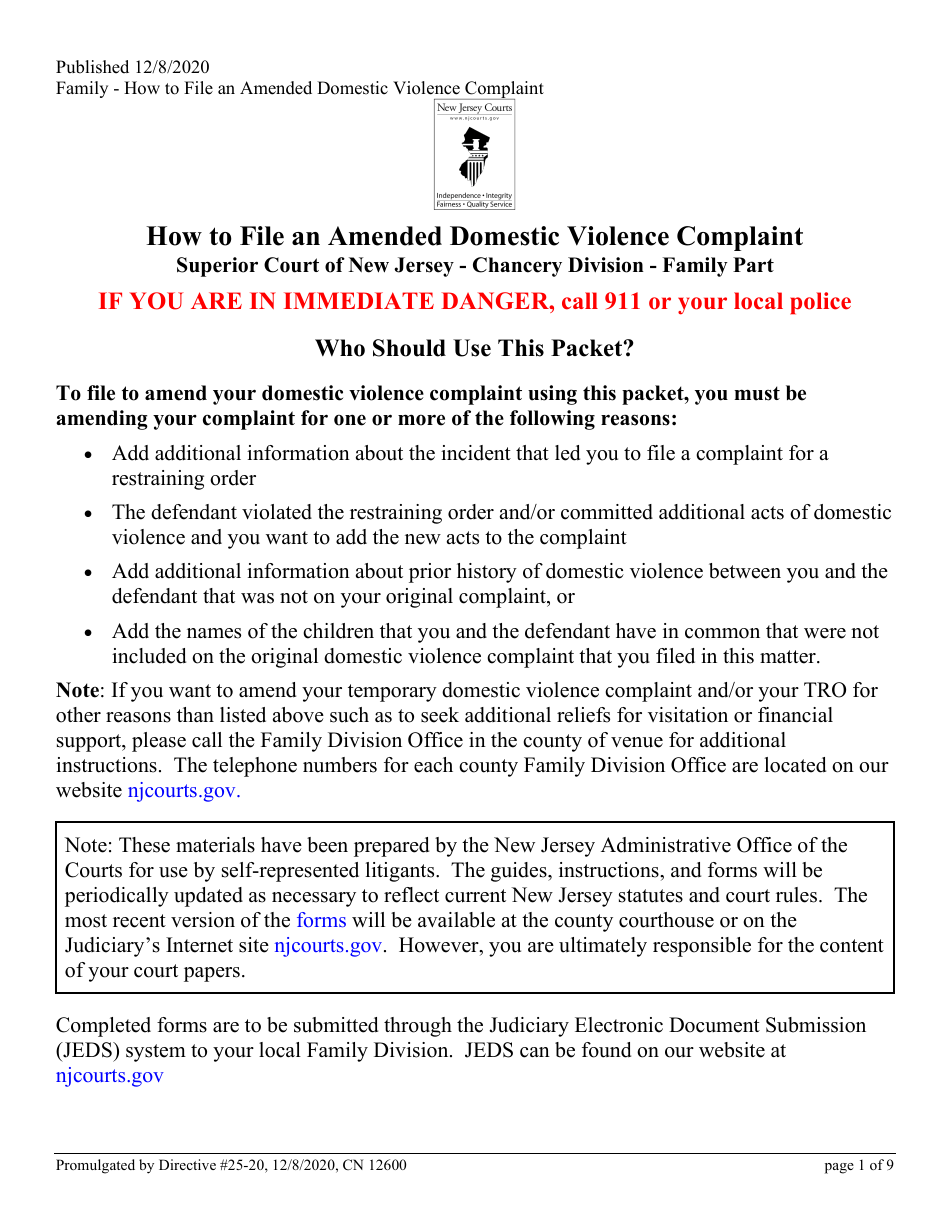 Form 12600 Application to Amend Domestic Violence Complaint - New Jersey, Page 1