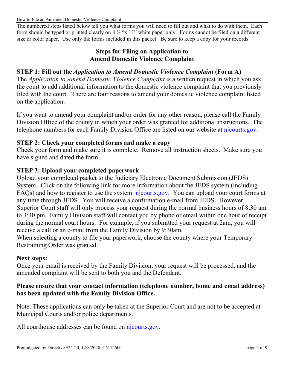 Form 12600 Application to Amend Domestic Violence Complaint - New Jersey, Page 5