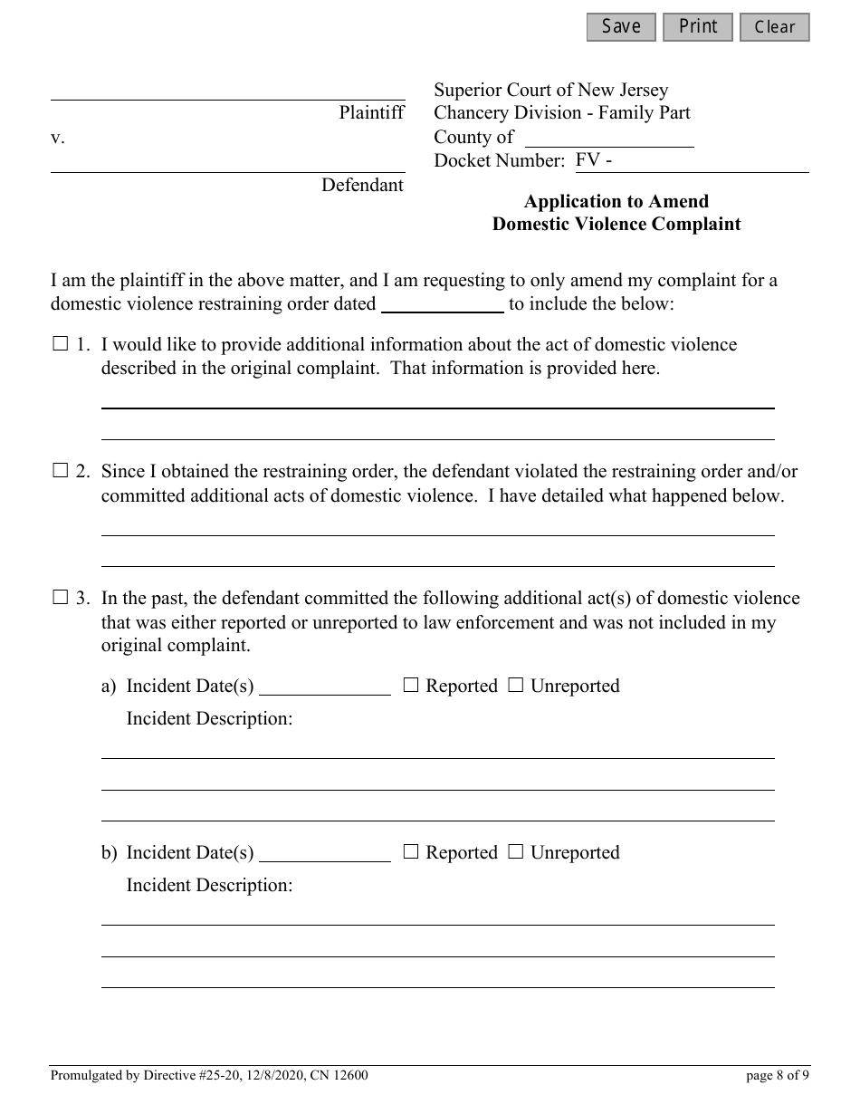 Form 12600 Application to Amend Domestic Violence Complaint - New Jersey, Page 8