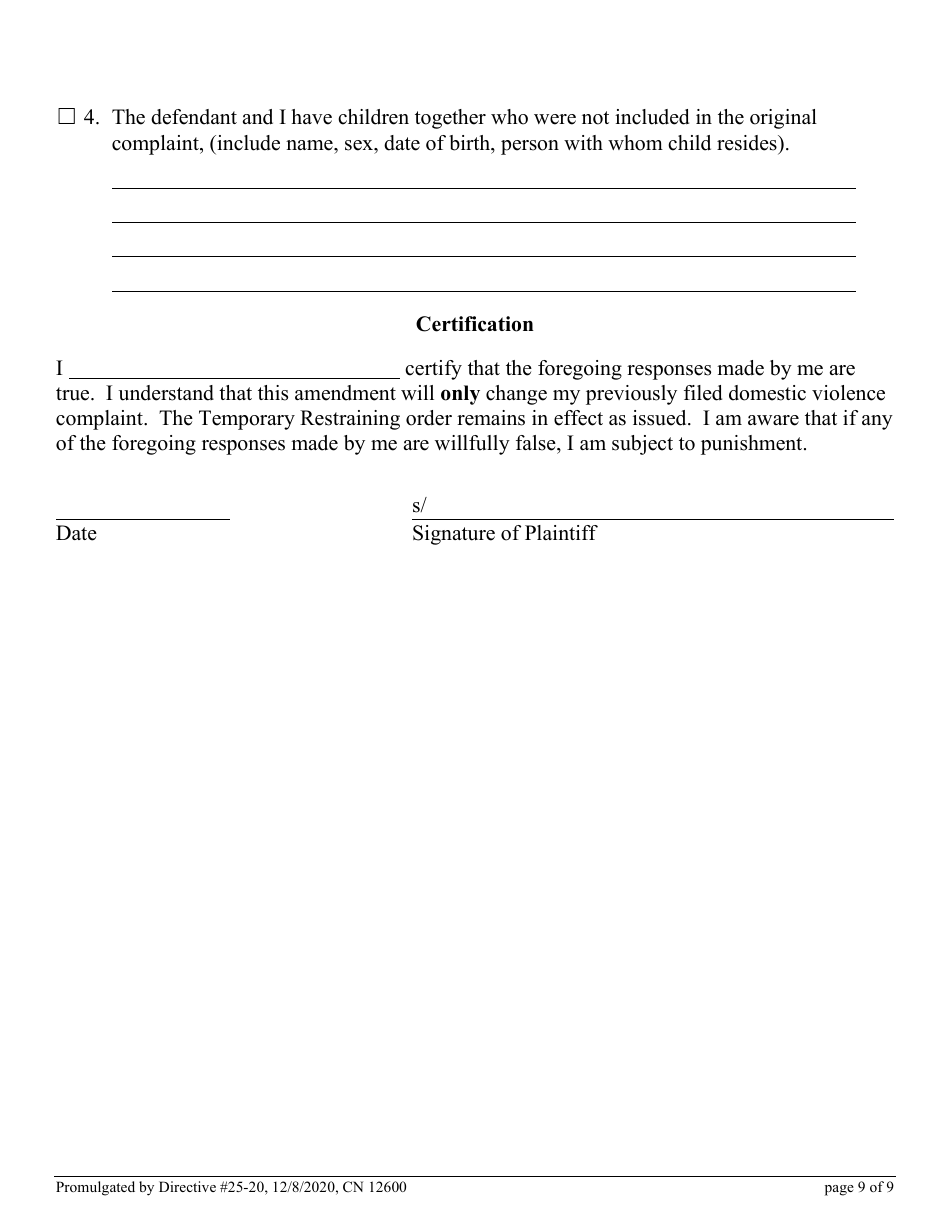 Form 12600 Application to Amend Domestic Violence Complaint - New Jersey, Page 9