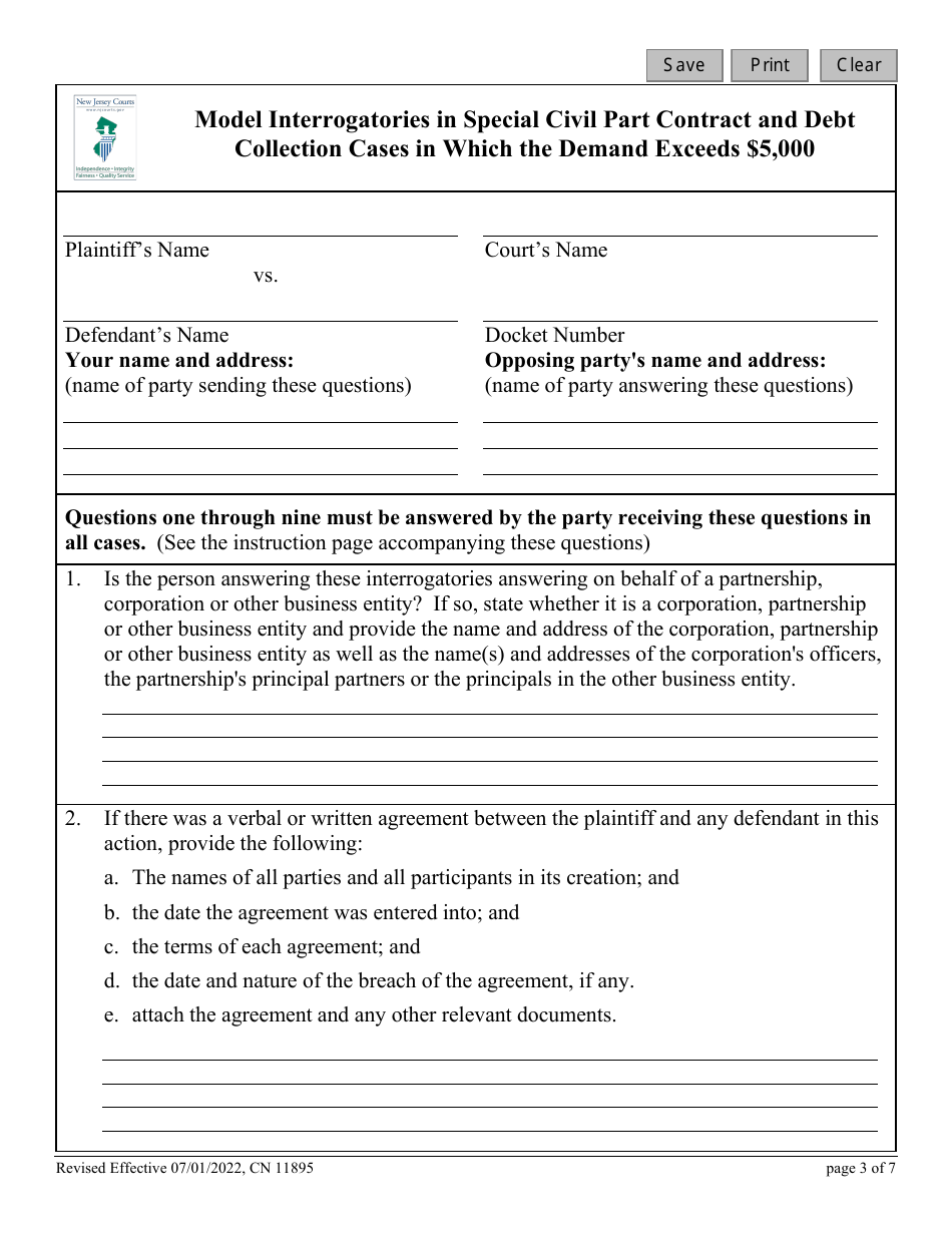 Form 11895 Model Interrogatories in Special Civil Part Contract and Debt Collection Cases in Which the Demand Exceeds $5,000 - New Jersey, Page 3