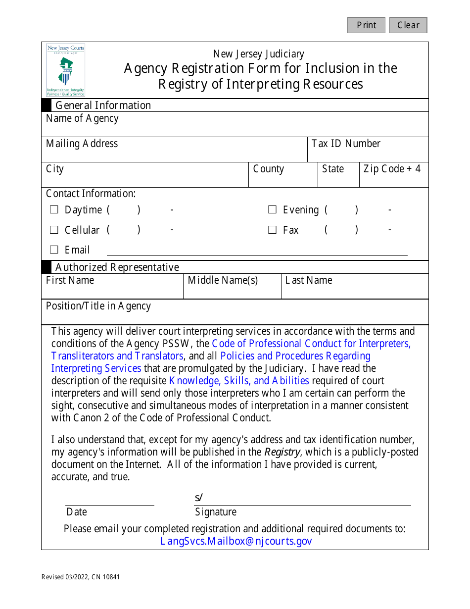 Form 10841 Agency Registration Form for Inclusion in the Registry of Interpreting Resources - New Jersey, Page 1