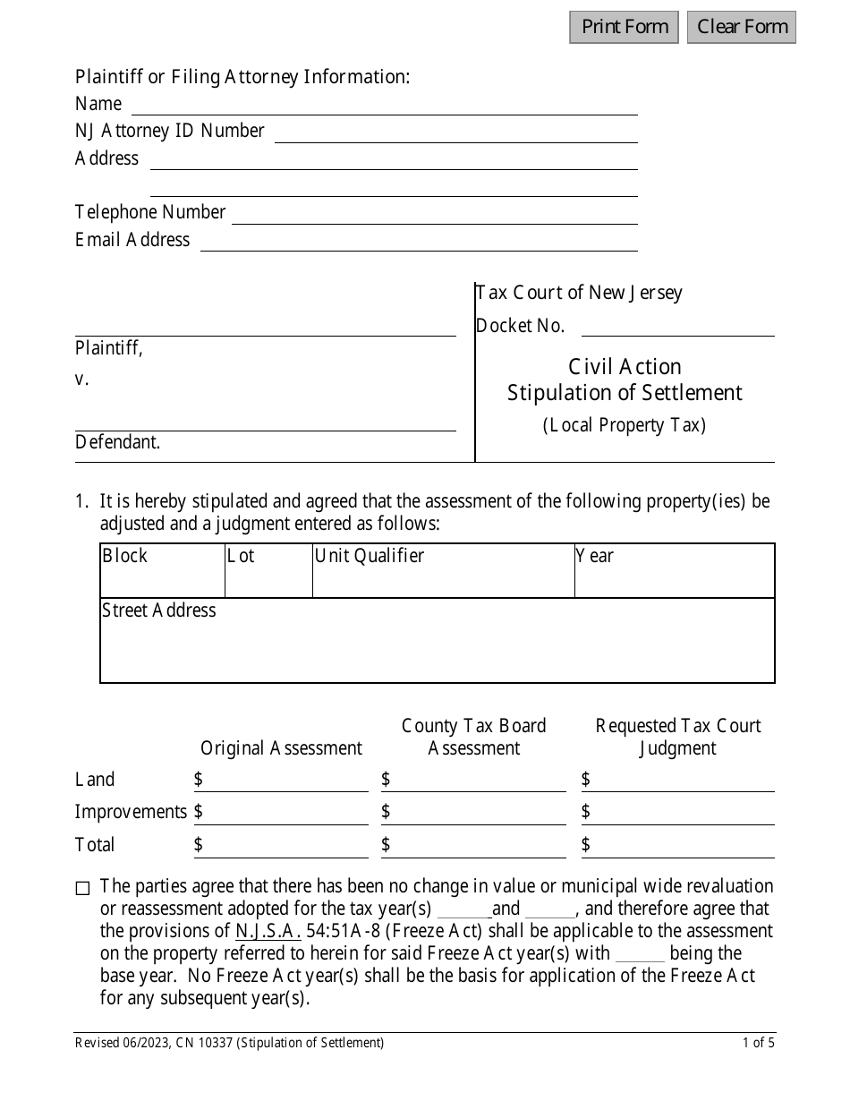 Form 10337 Civil Action - Stipulation of Settlement (Local Property Tax) - New Jersey, Page 1