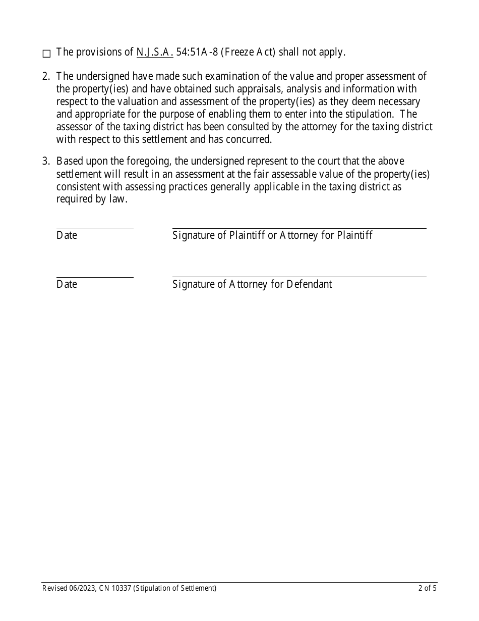Form 10337 Civil Action - Stipulation of Settlement (Local Property Tax) - New Jersey, Page 2