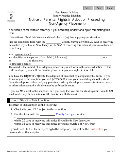 Form 12145 Notice of Parental Rights in Adoption Proceeding (Non-agency Placement) - New Jersey
