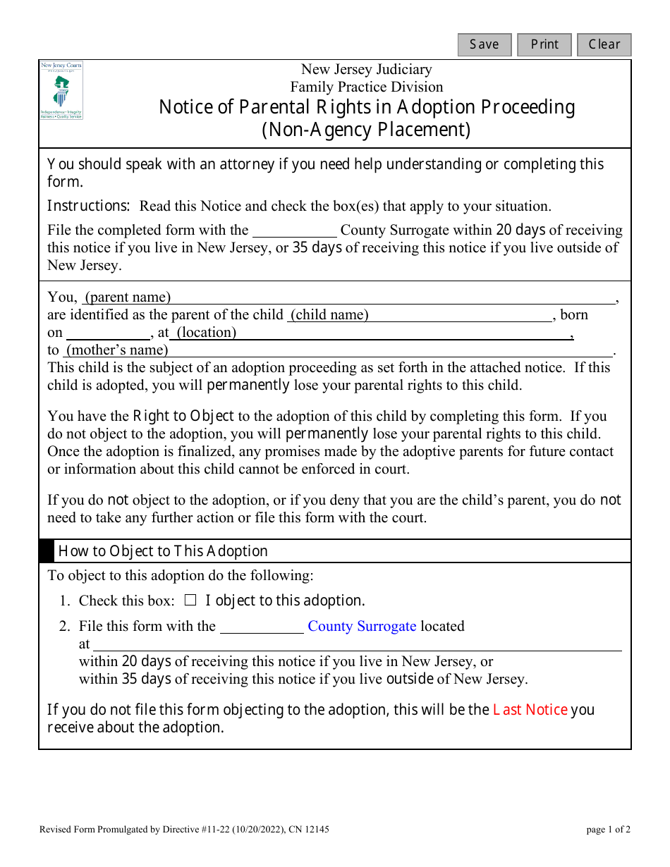 Form 12145 Notice of Parental Rights in Adoption Proceeding (Non-agency Placement) - New Jersey, Page 1