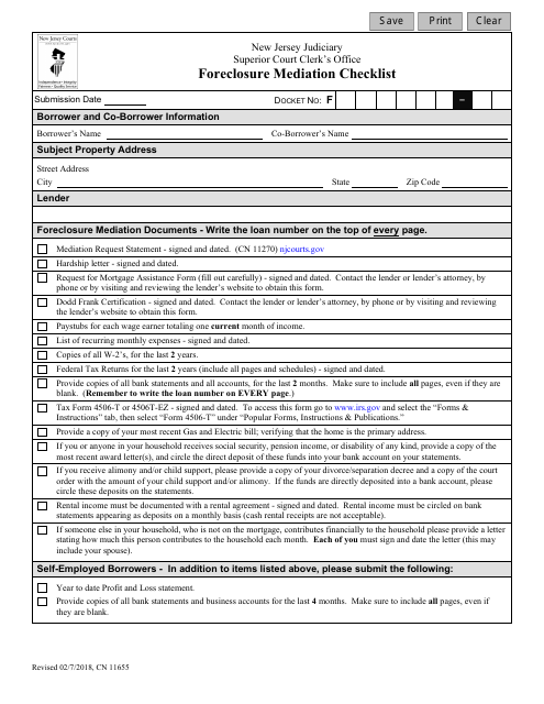 Form 11655 Foreclosure Mediation Checklist - New Jersey