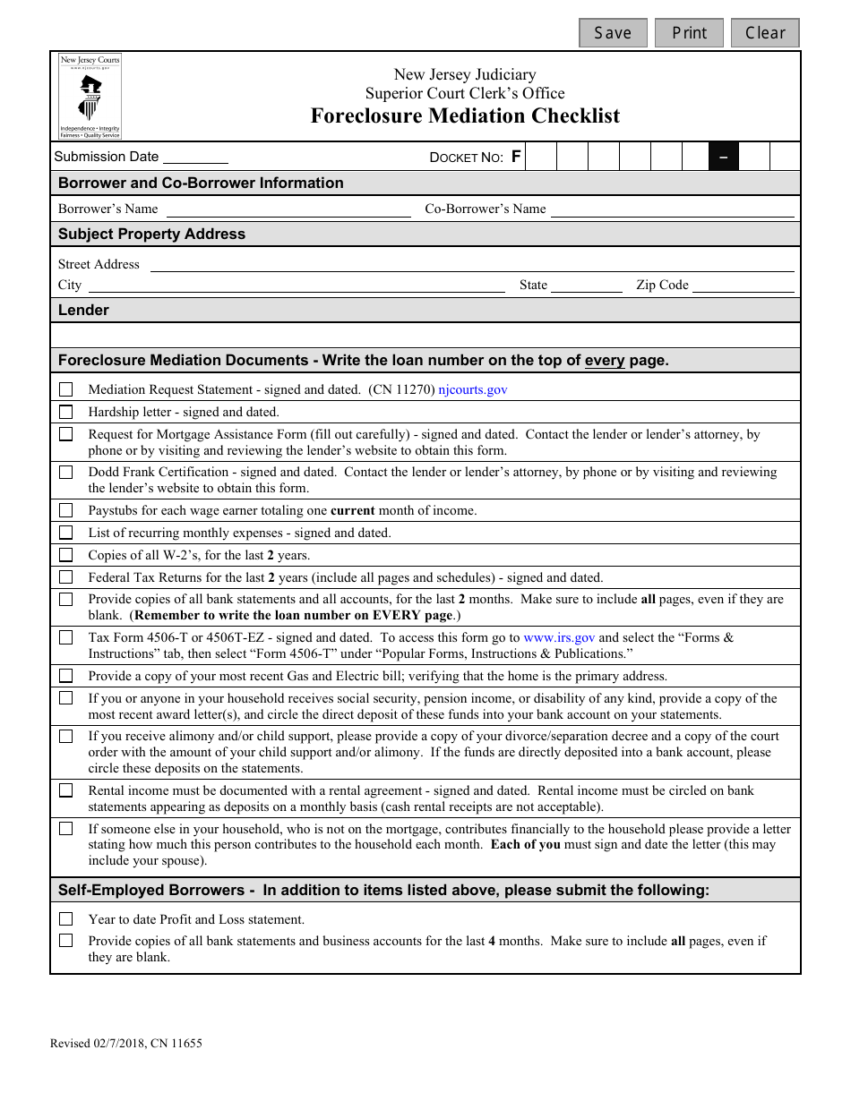 Form 11655 Foreclosure Mediation Checklist - New Jersey, Page 1