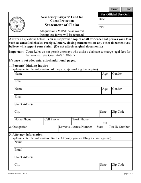 Form 11623 Statement of Claim - New Jersey