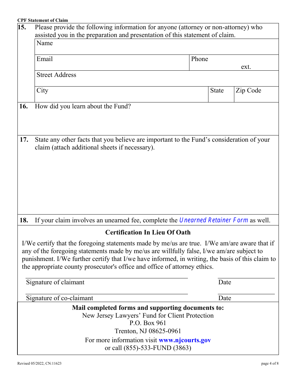 Form 11623 Statement of Claim - New Jersey, Page 4