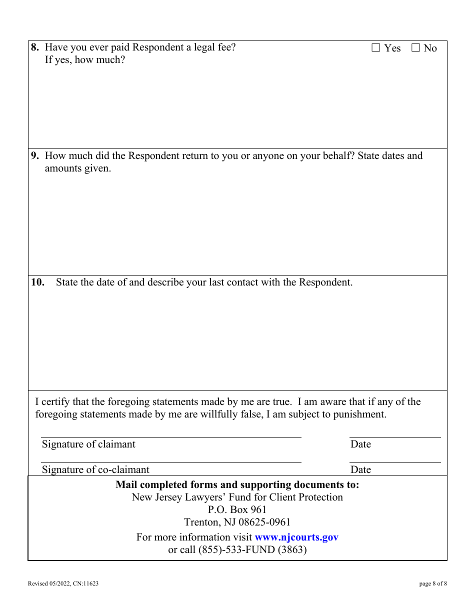 Form 11623 Statement of Claim - New Jersey, Page 8