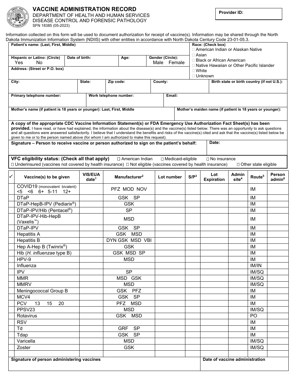 Form SFN18385 Download Printable PDF or Fill Online Vaccine ...