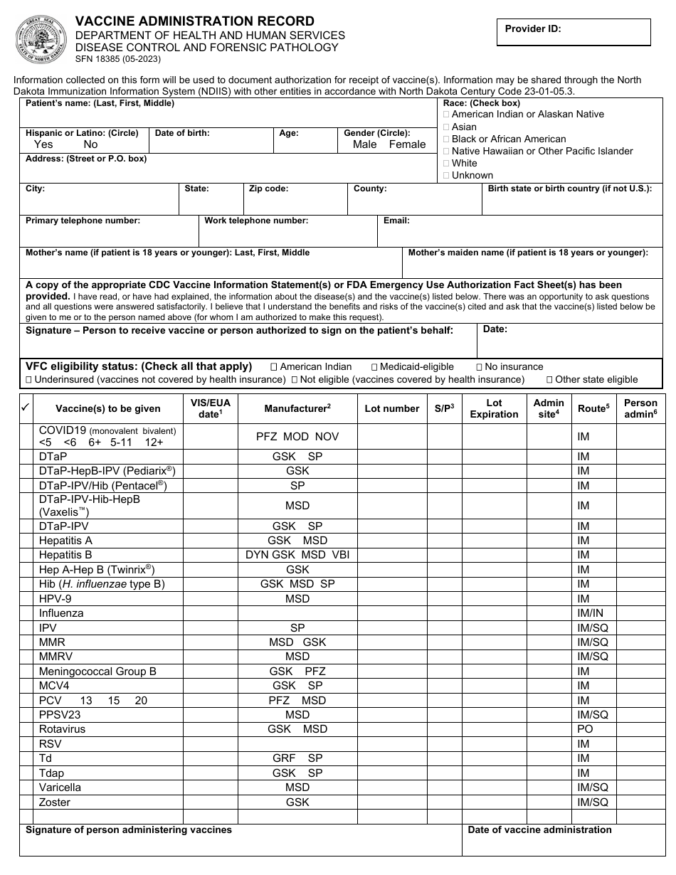 Form SFN18385 Vaccine Administration Record - North Dakota, Page 1