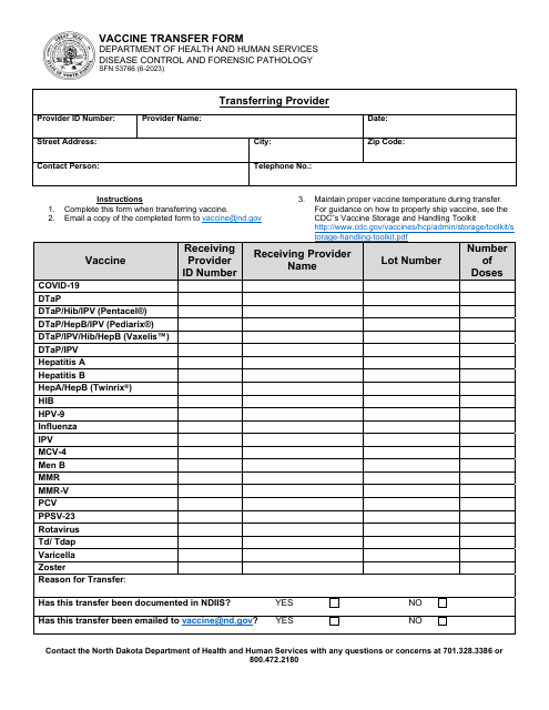 Form SFN53766 Vaccine Transfer Form - North Dakota