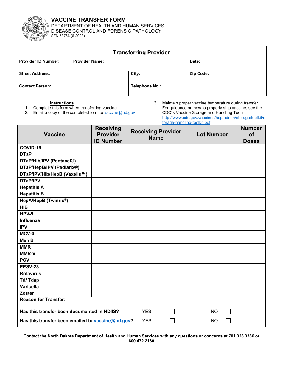 Form SFN53766 Vaccine Transfer Form - North Dakota, Page 1