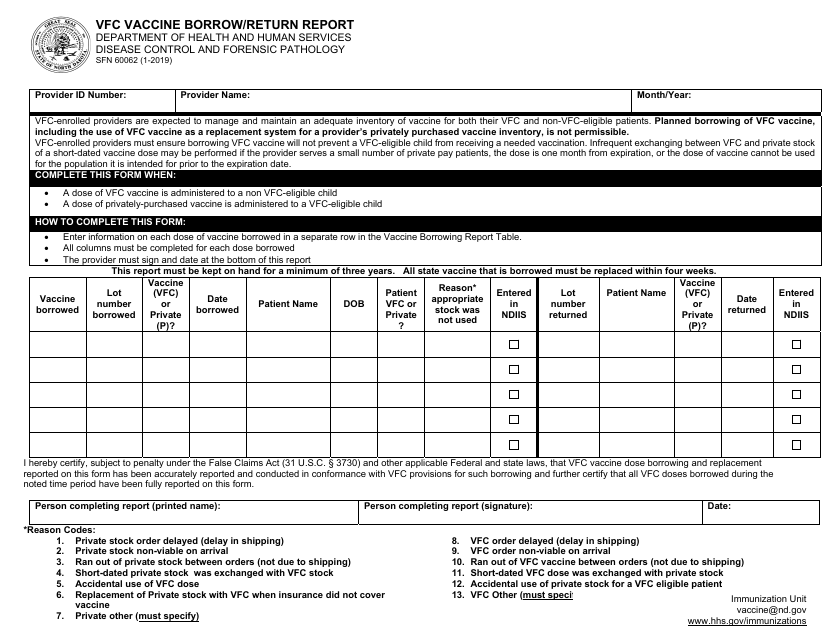 Form SFN60062 Vfc Vaccine Burrow/Return Report - North Dakota