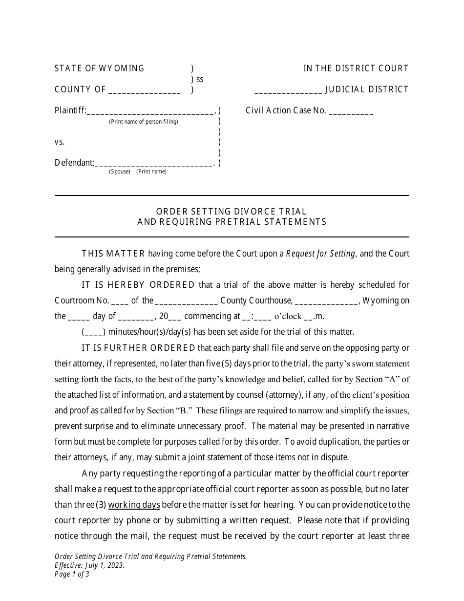 Wyoming Order Setting Divorce Trial And Requiring Pretrial Statements Download Printable PDF